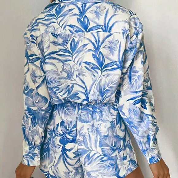 Blue Boho Women's Vacation Floral Print Long Sleeve Shirt And Shorts Set - Picture 2 of 3
